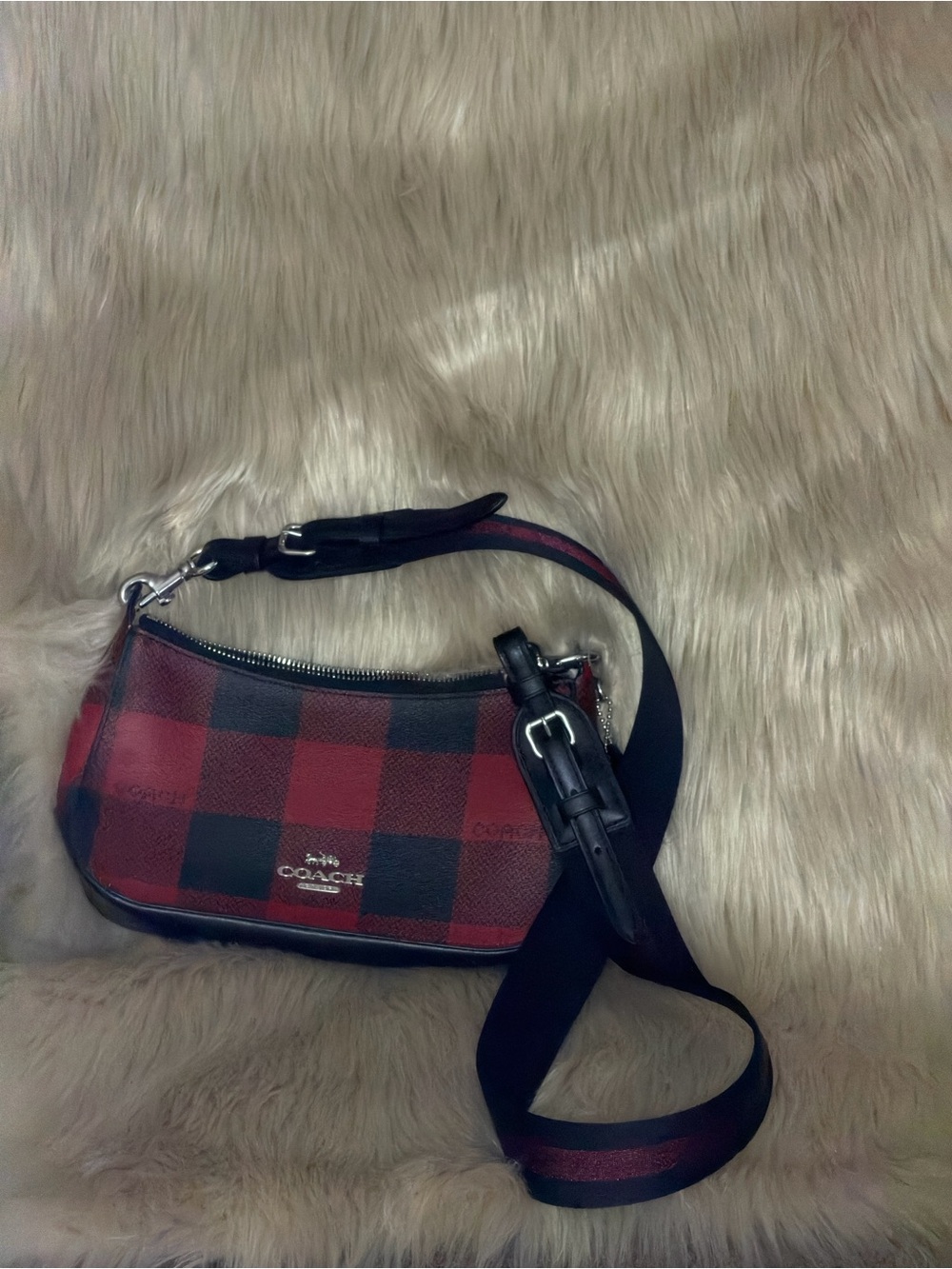 Coach Red and Black Buffalo Plaid Crossbody with Leather Trim - Picture 4 of 7